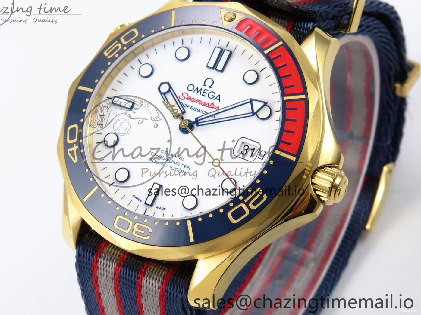 0408 Seamaster 300m Diver YG OMF 1:1 Best Edition Blue Orange Ceramic White Dial on Blue Nato Strap A Colorful 7704